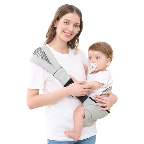 GAGAKU Kindertrage Seitlich Babytragetuch Trage Baby mit Rutschfestem Hüftsitz Tragetuch Kleinkind Hüfttrage Kleinkindtrage Ergonomischer Tragehilfe Babytrage ab 6 monate (6.4-20 kg) - Hellgrau