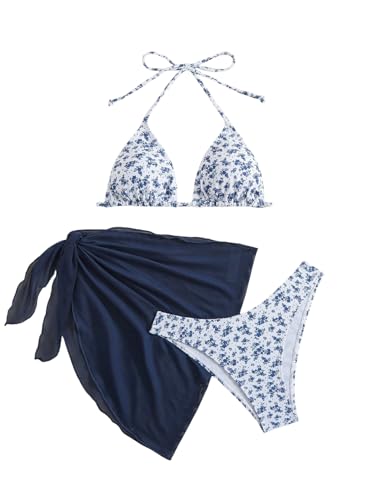 GORGLITTER Damen Bikini Set 3 Teiliger Bikini-Sets mit Blumenmuster Süß Neckholder Badeanzug mit Cover Up Rock Swimsuit Set Dunkelblau und Weiß S
