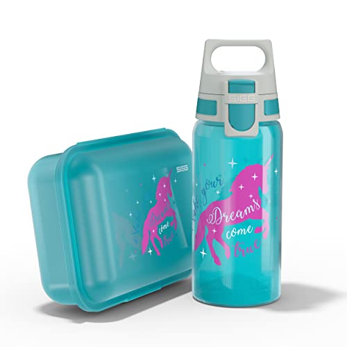 SIGG - Trinkflasche Kinder 0,5L & Brotdose 1L - Viva Lunchbox Set Unicorn - Federleicht - Spülmaschinenfest- BPA-frei - Ideal Für Die Schule - Blau