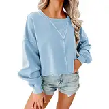 Frauen Einfarbig Gewinde Manschetten Sweatshirt Rundhals Langarm Süße Bluse Fall Relaxed Fit Pullover Outwear (Hellblau,XL)