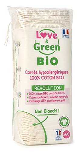 Love & Green Square Wattepads, ungebleicht, 1 Packung mit 60 Stück