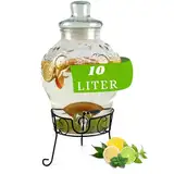 Monster24 10 Liter Getränkespender mit tropfsicherem Zapfhahn aus Edelstahl – Wasserspender, Bowle-Gefäß aus Glas mit stabilem Metallständer und Glasdeckel – BPA-freier Limonadenspender