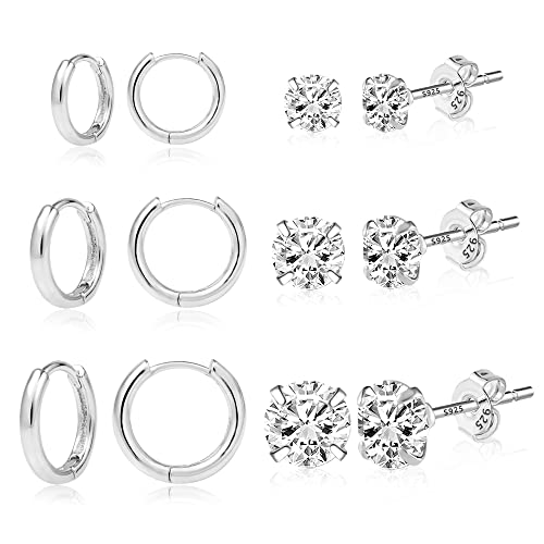 ALEXCRAFT Silber Ohrringe für Damen, Sterling Silber 925 Creolen Ohrringe Set, AAA+ Diamant Zirkonia Mini kugel Ohrstecker kleine, 6 Paar Hypoallergen Knorpel Huggie Creolen Ohrstecker Ohrringe Set