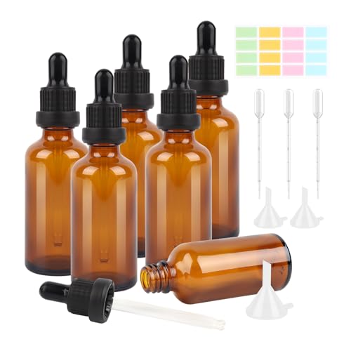 VMUTGA 6 Stück Pipettenflasche, 50ml Braune Tropfflaschen Glasflaschen Leer Flasche mit Pipette Tropfpipette Flaschen Nachfüllbare mit Trichter und Aufkleber für Ätherische Öle Parfüm Flüssigkeit