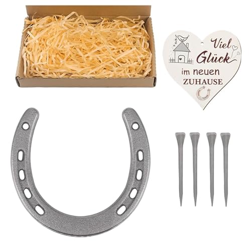 Hufeisen Deko Metall Echtes Getragenes Hufeisen Horseshoe Glücksbringer Hufeisen Kommt mit 4 Nägeln und Holzschild, Bast-Box, zum Geburtstag Einzug, Richtfest, zur Hochzeit, Taufe Oder Geburt Geschenk
