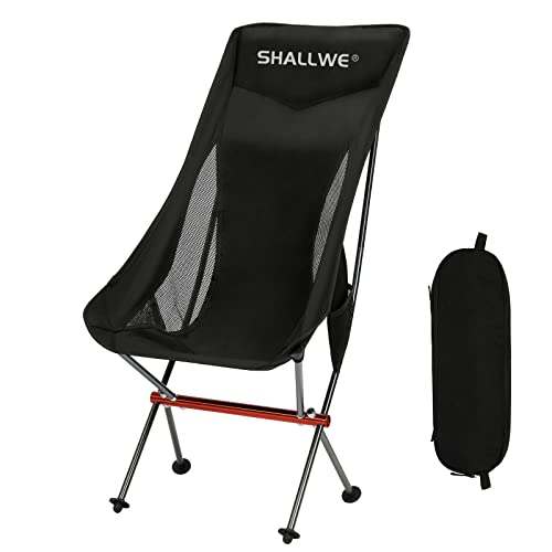 SHALLWE Ultraleichter, klappbarer Campingstuhl mit hoher Rückenlehne, verbesserte Aluminium-Struktur, Seitentasche und Tragetasche, kompakt und strapazierfähig für Outdoor-Rucksackreisen (Dark)