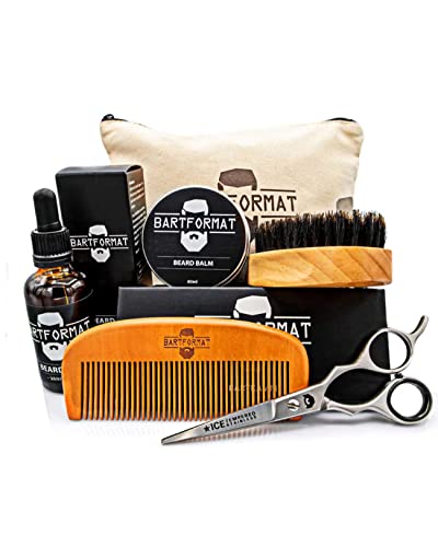 BARTFORMAT® - Bartpflege Set für Männer | Bartpflege Set (6-teilig) mit Bartöl, Bartbalsam, Bartschere, Bartbürste, Bartkamm und Kulturbeutel