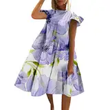 QWUVEDS Frauen-beiläufiges Frühlings-Sommer-Ferien-Strand-nettes Rüschen-Hülsen-Blumen-Druck-Loses Kleid Schwarz Weißes Kleid (Purple, M)