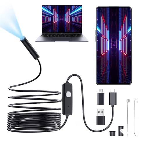 Endoskopkamera mit Licht, Inspektionskamera mit 10m Semi-Rigid Kabel, Typ-C, 3-in-1 USB, Wasserdicht IP67, 6 LED-Lichter, für Android, Tablet und Windows PC