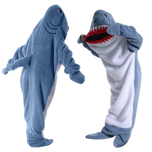 Hai Decke Mit Ärmeln, Shark Blanket Flanell mit Kapuze, Hai Decken Hoodie, Blau Hai Schlafsack mit Füßen, Hai Kostüm Geschenk für Cartoon Pyjamapartys, Tragbare Decke für Erwachsene und Kinder, XL