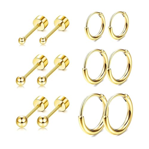 QZKJQDD 6 Pairs Helix Piercings, Gold Piercing Set, Piercing Ohr Chirurgenstahl, Hypoallergenes Flat-Back-Piercing für Ohrchirurgie, Tragus-Schraubstifte und -Schlaufen aus Stahl für mehrere Piercings