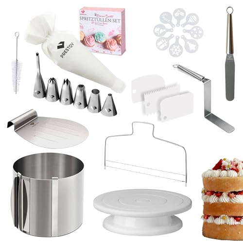 PRESTOV Torten Zubehör 26 St.- Tortenring Verstellbar Hoch 15cm, Tortenplatte Drehbar, Tortenheber, Tortenschneider, Spritzbeutel mit 6 Tüllen, 8 Tortenschablonen, 3 Teigkarte, Streich & Winkelpalette