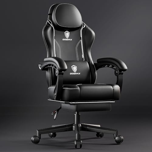 Dowinx Gaming Stuhl Racing Gamer Stuhl, Ergonomischer Gaming Sessel mit Lendenwirbelstütze, Gaming Chair PU Leder PC-Stuhl Verbreiterte Rückenlehne 150KG, Schwarz