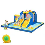 LEADZM Hüpfburg für Kinder mit Gebläse, Wasserrutsche Planschbecken mit Doppelrutsche, Sprungzone, Ziel, Wasserpistole, Wasserpark Maximale Belastung 150 kg, 470 x 472 x 225 cm