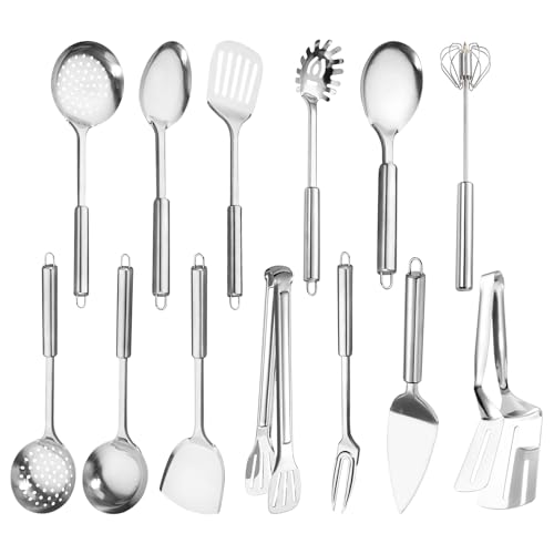 Kikcrrou Edelstahl Kochutensilien Set - 13 - Stück Set, Wärmebeständig, Kunststoff - frei, Antihaft Hitzebeständiger Küchenhelfer Set, Geschirrspülergeeignet - Ideal für alle Küchenbedürfnisse