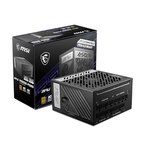 MSI MPG A1000G PCIE5 Netzteil EU Stecker, 1000W, 80 Plus Gold zertifiziert, vollmodulares ATX 3.0, unterstützt PCIe 5.0 GPU, japanische 105°C Kondensatoren, 0% RPM Modus, Flachkabel