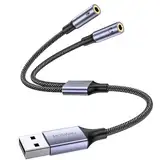 MOSWAG Externe USB Soundkarte Klinke USB Adapter, USB auf 2 x 3.5mm Buchse Aux Audio Konverter Kabel für Kopfhörer, Lautsprecher und 3 Pole TRS Mikrofon für Computer, PS5, PS4