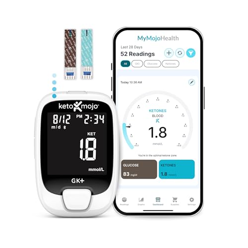 KETO-MOJO GKI Bluetooth-Glukose- & Keton-Testkit (mg/dL) + kostenlose App zur Ketose- & Diabetes-Überwachung – 20 Teststreifen (je 10), Messgerät, 20 Lanzetten, Stechhilfe & Kontrolllösungen