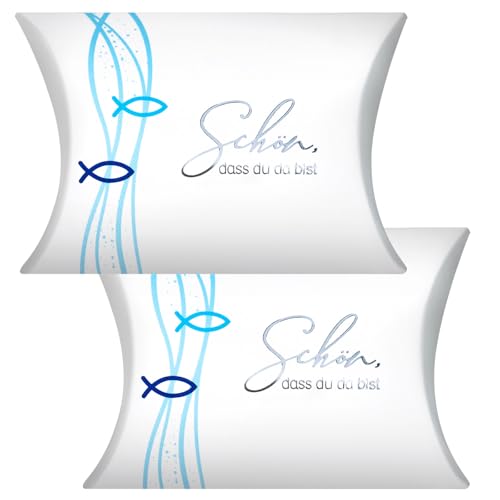 BETESSIN Gastgeschenke Kommunion - Schön dass du da bist - 50 Stück Kleine Kissenschachteln mit christlichen Motiven - Geschenkboxen Konfirmation - Gastgeschenke Verpackung für Taufe, Firmung