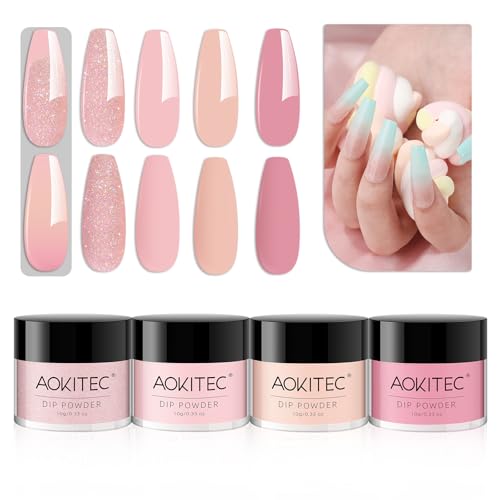 Aokitec 4 Farben Dipping Powder Set - Pink Series Dip Powder für Dip Nail Art, Acryl Dip Pulver Nail Powder für French Nails, Einfach zu bedienen & zeitsparend, Geschenke für Frauen und Mädchen