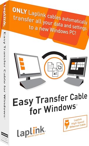 LAPLINK Easy Transfer Ethernet High Speed Kabel & PCmover – 1 Gbps Ethernet Transferkabel inkl. Software (1x Nutzung), Netzwerkkabel, LAN Kabel flach, 2.13 m - 1 STK