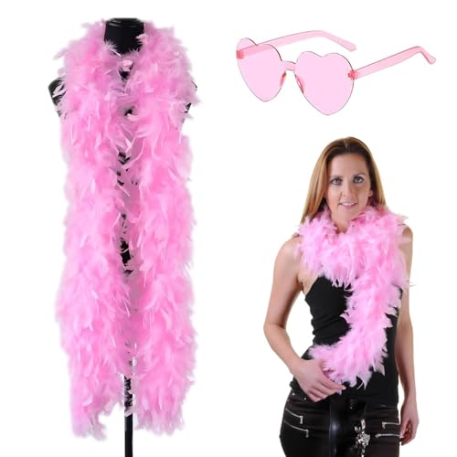 SHIQUAN Rosa Federschal Mit Herzförmiger Brille,Federboa Einfarbig Set,Flauschige Federboa,Rosa Sonnenbrille in Herzform,Geeignet für Tanz Hochzeit Weihnachten Halloween Karneval Dress up Zubehör