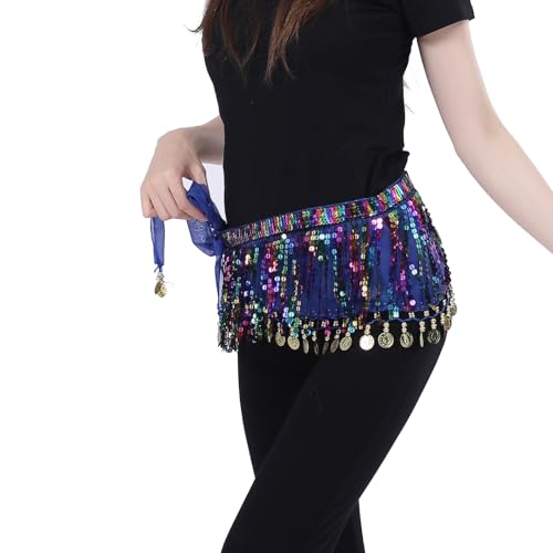 Bailinks Pailletten Bauchtanz Hüfttuch, Chiffon Wickelrock mit Münzen für Bauchtanz, Yoga-Kurse und Auftritte - Bauchtanz Hüftgürtel für Damen (Königsblau)