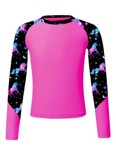 Fldy Mädchen Jungen UV Shirt Langarm UPF 50+ Badeshirt Schwimmshirt Schnelltrocknend Kinder Sonnenschutz T-Shirt Schwimmbekleidung Hotpink 146-152