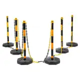 6 Stück Absperrpfosten Kettenpfosten aus Kunststoff mit 5 Absperrketten von 6.5ft, Sperrpfosten mit Standfuß, für Verkehrskontrolle Warnung, Gelb und Schwarz