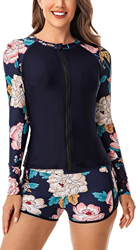 SEAUR Schwimmanzug Damen Langarm Rash Guard UPF 50+ UV Schutz Zweiteiler Badeanzug Slim Fit Sonnenschutz Bademode Shirt und Shorts - XL