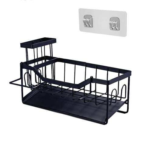 Spülbecken Organizer Schwarz, Küchen Sink Caddy Organizer, Küchenorganisator, Hängendes Waschbeckenregal Lagerung, Kein Bohren Erforderlich, 1 Selbstklebender Haken, Geeignet für Küche und Bad