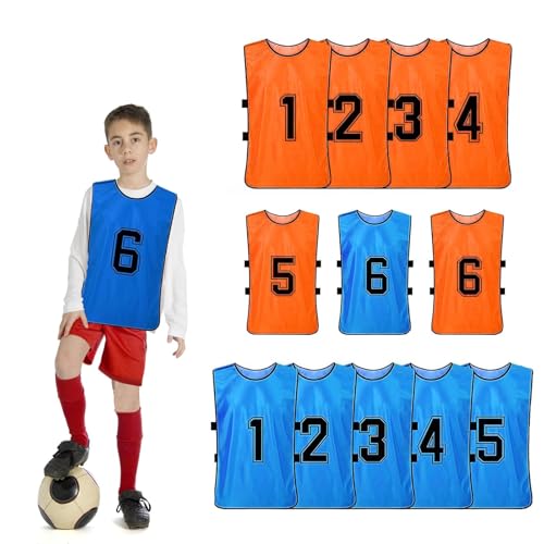 TESIN 12er Pack Fußball-Leibchen, Sport-Trainings-Mesh-Leibchen für Kinder, Wendbare Nummerierte Trainingswesten für Fußball, Basketball, Volleyball - Blau & Orange