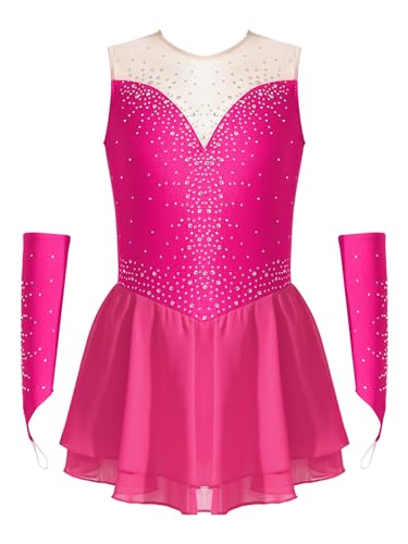 CHICTRY Kürkleider Eiskunstlauf Mädchen Strass Glitzer Kleid Ärmellos Tanzkleid Cut Out Ballettanzug Mit Fingerlose Handschuhe Ballerinas Kostüm Hot Pink 110-116