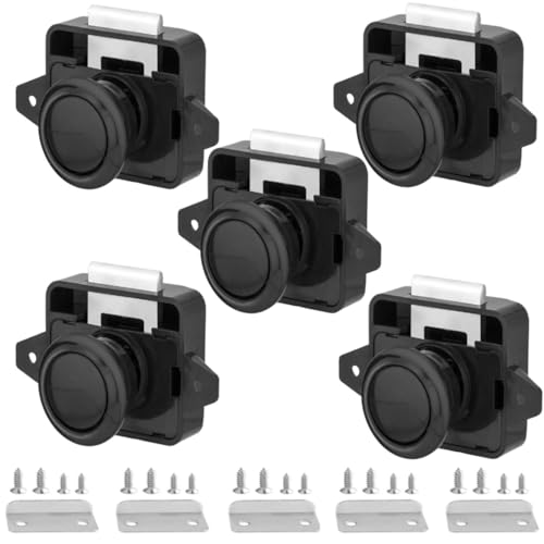 Schlüssellos RV Schrankschlösser mit Groß Push Button, ABS RV Cabinet Catch Verriegelung für RV Wohnmobile Wohnmobil-Anhänger Wohnwagen Van Yachten Boote (Schwarz 5 Stück)