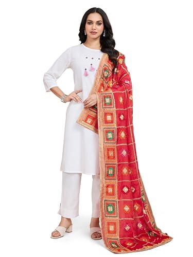 Weavers Villa Damen Chinnon Seide Aari bestickt Phulkari Dupatta, Chunni, Rot, 100cm X 225cm