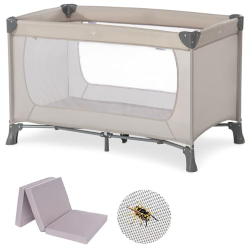 hauck Baby Reisebett Set Dream n Play mit extra Alvi Komfort Matratze und Moskitonetz - faltbares Kinder Babyreisebett mit Tasche - Beige