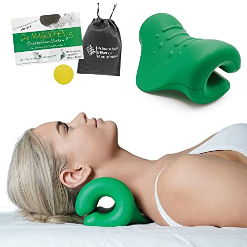 Nackenstrecker Kissen-Neck EX-Massage Gerät für Nackenschmerzen, für Hals-Rücken und Nacken Verspannungen mit extra Übungsheft von deutschen Physiotherapeuten Prävention Bewegt Manufaktur (grün)