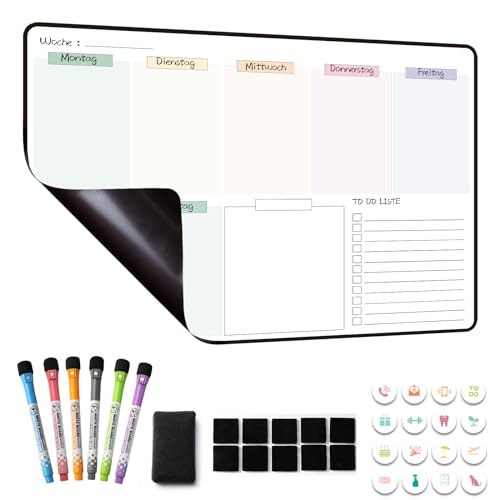 MCCORL Magnetisch Whiteboard Wochenplaner abwischbar, Magnettafel für Kühlschrank, perfect as Famiien Haushaltsplaner, Essenplaner, Putzplaner oder To Do Liste 42×28cm auf Deutsch
