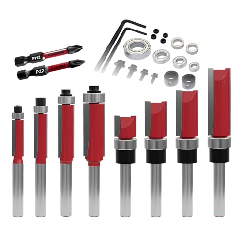 CSOOM 10 Stück Bündigfräser mit 2 Schlagmagnetbits, 6 Lager, 2 Schraubenschlüssel, 8mm Schaft Bündigfräser-Set，Hartmetallfräser, Werkzeuge für die Holzbearbeitung