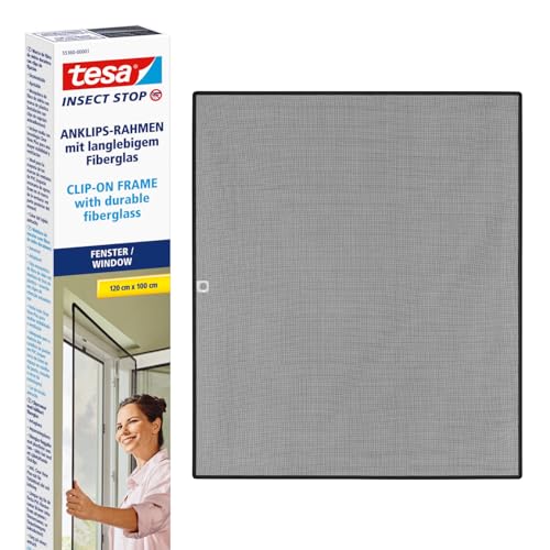tesa Insect Stop Clip on - Fliegengitter zum Einklicken in PVC-Fenster - zuschneidbarer Rahmen, Netz aus langlebigem Fiberglas, Selbstklebende Halte-Klips - 1 x 1,2 m - Anthrazit