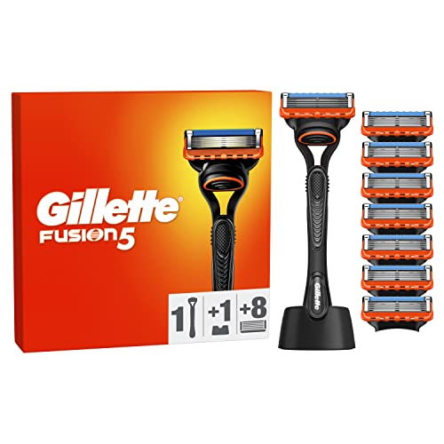 Gillette Fusion 5 Nassrasierer Herren, Rasierer + 8 Rasierklingen + Rasierer-Halter, Geschenk für Männer