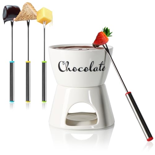 com-four® Schokoladenfondue-Set mit Schriftzug - Schmelztopf für Schokolade und Käse - Keramikschale mit Teelichthalter und 4 Gabeln - Schmelztiegel-Dipschale für 4 Personen (weiß - Schriftzug)