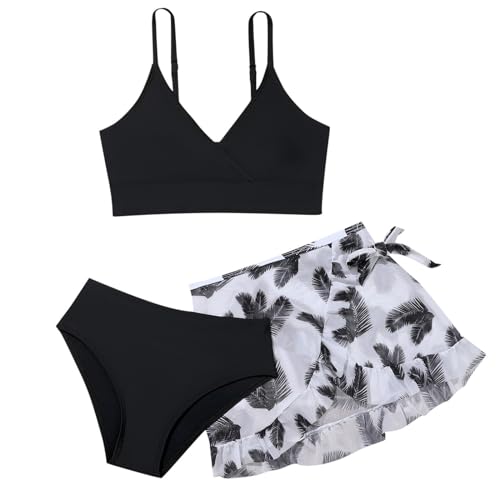 Mädchen Bikini Set,3-teilige Badeanzüge für Mädchen,Bikini Top+Shorts +Slips Badeanzug,Kinder Badebekleidung mit Blumenmuster Schwimmanzug,für 8-14 Jahre (#1-Schwarz, 13-14 Jahre)