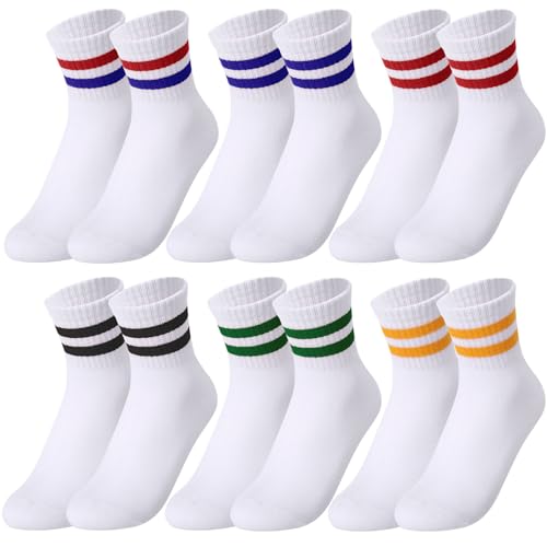 Zuimei 6 Paar Jungen Mädchen Socken Junior Baumwolle Schule Sport Socken Streifen Crew Athletic Socken Casual Stretchy Socken für Mädchen und Jungen 6-12 Jahre, weiß, 6-12 Years