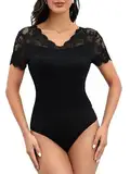 GORGLITTER Damen Body Durchsichtig Spitzen Bodysuit Oberteil Trachtenbody Spitzenbody Party Bodys Dirndlbody V-Ausschnitt Schwarz S