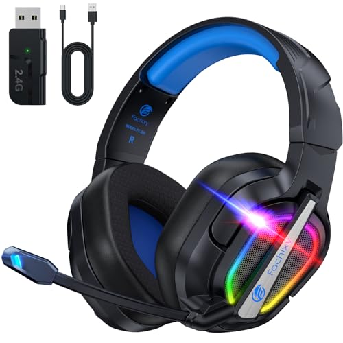 Fachixy「2024 New」FC200 Wireless Gaming Headset für PS5-2.4GHz USB Fodable Kopfhörer mit Mikrofon - 3D Stereo Bluetooth Headset mit 50 Stunden Akkulaufzeit,Für PS4, PC,Mac,Switch,Moble,schwarz-blau