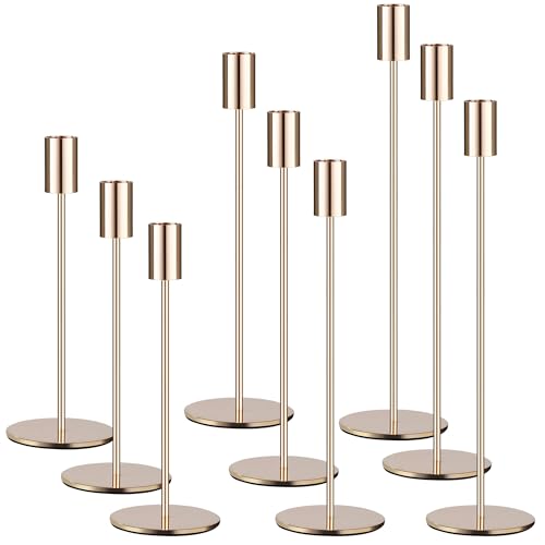 9 Set Kerzenhalter Gold,Kerzenständer Stabkerzen 33/28/23CM,Dekorativer Vintage-Kerzenhalter,Hoch Kerzenleuchter aus Metall,Geeignet für Geburtstagsmahlzeiten, Jubiläum, Hochzeit, Heimdekoration
