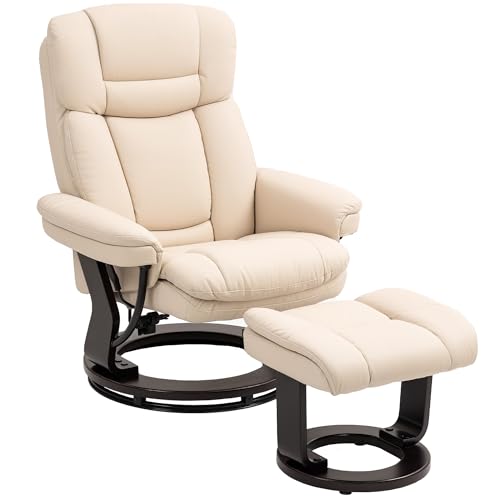 HOMCOM Relaxsessel mit Hocker, 360°drehbarer Fernsehsessel mit Liegefunktion, TV-Sessel mit Taschenfeder für Wohnzimmer, Kunstleder, Cremeweiß