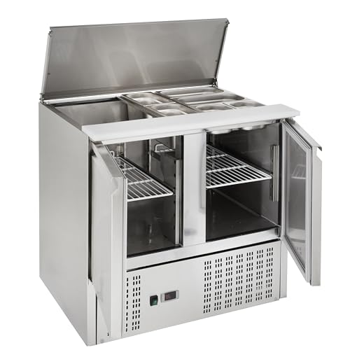 GastroHero Saladette Eco 900 mit Kühlung, 240 Liter, 2 Edelstahl Türen, 2 Einlegeböden, GN-Behältereinlass, Geringer Energieverbrauch, Digitale Temperaturanzeige, Gastronomiebedarf