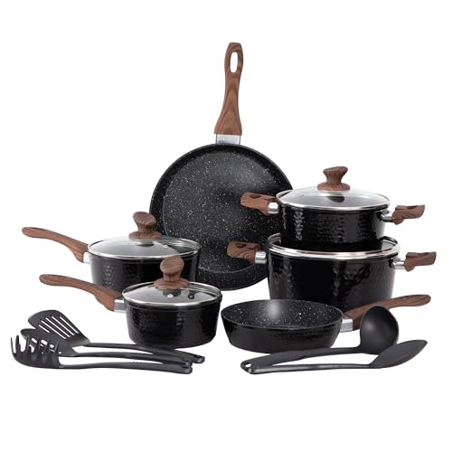 DishDelight Induktion Topfset 15-teiliges Kochgeschirr-Set mit Granitbeschichtung und Glasdeckeln, Induktionsgeeignet, Antihaft Aluminium Töpfe und Pfannen in Schwarz